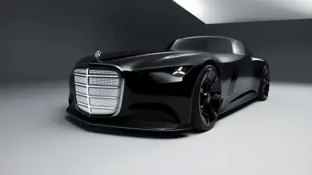 5K Ultra HD PC desktop wallpaper of a glossy black Mercedes‑Benz Vision Iconic futuristic car, low front three‑quarter view in a minimalist studio setting.