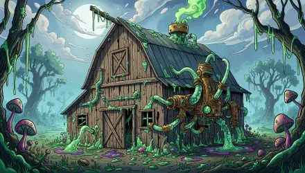 4K Ultra HD PC desktop wallpaper/background: a rustic barn overrun by glowing green tentacles and bioluminescent fungi in a foggy, moonlit swamp.