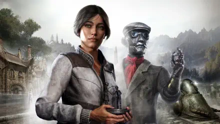 Syberia video game 4K Ultra HD PC desktop wallpaper showing the female protagonist holding a mechanical bird beside a clockwork automaton, misty town and waterfalls in the background.