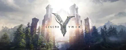 Video game Legend of Ymir HD PC desktop wallpaper: ornate Y emblem over a misty fantasy citadel, flanked by pine forests and shafts of sunlight.