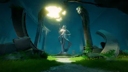 HD PC desktop wallpaper and background from the Duet Night Abyss video game: a luminous statue levitates in moonlit ruins, framed by broken pillars, overgrown grass, and a deep blue sky.