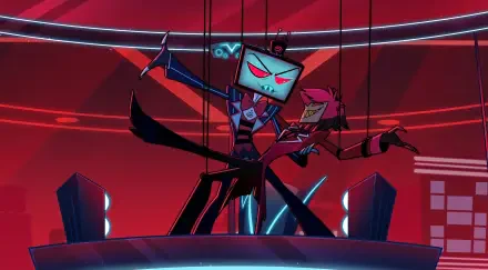 HD PC desktop wallpaper from the TV show Hazbin Hotel, showing Vox and Alastor striking a theatrical pose on a neon-red stage background.
