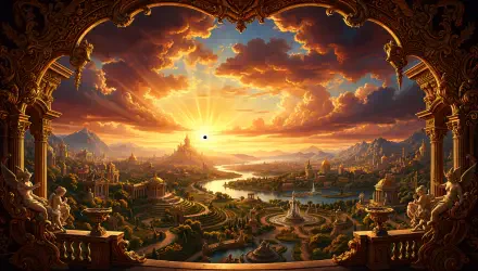 4K Ultra HD PC desktop wallpaper — ornate framed vista of a golden sunrise over a winding river, lush valley and distant castle, warm light spilling through dramatic clouds.