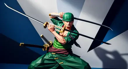 Roronoa Zoro in green kimono and bandana, three swords poised in a dynamic stance amid bold shadows and angular shading — 4K Ultra HD PC desktop wallpaper/background.