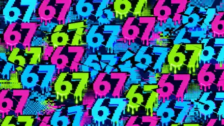 67 meme 4K Ultra HD PC desktop wallpaper: repeating neon 67 digits in cyan, magenta and lime with glitch, pixel and dripping-paint effects.