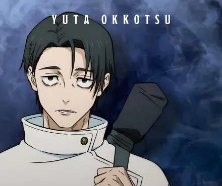 Anime 2K Quad HD desktop wallpaper of Yuta Okkotsu from Jujutsu Kaisen, calm expression in a white uniform with a sword case over his shoulder against a smoky blue background.