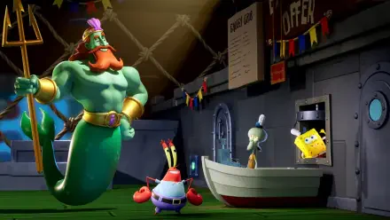 HD PC wallpaper from the video game SpongeBob SquarePants: Titans of the Tide — King Neptune looms as Mr. Krabs, Squidward and SpongeBob react inside a nautical room.