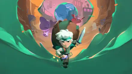Moonlighter 2: The Endless Vault 2K Quad HD PC wallpaper: white‑haired hero with a sword charging down a glowing, winding vault tunnel toward a colorful town beyond.