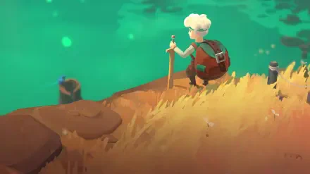 Video game Moonlighter 2: The Endless Vault — 2K Quad HD PC desktop wallpaper of a lone adventurer with staff and pack on a grassy cliff above teal water