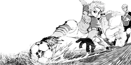 Black-and-white manga 4K Ultra HD PC desktop wallpaper/background of Seishiro Nagi (Blue Lock) lunging to strike a soccer ball in a dynamic action scene.
