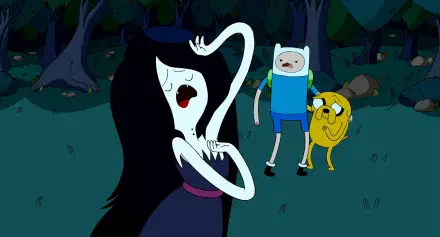 HD PC desktop wallpaper from the TV show Adventure Time: Marceline singing with an elongated white arm in a moonlit forest while Finn and Jake watch.