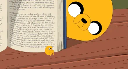 HD PC desktop wallpaper of Adventure Time TV show character Jake (Adventure Time) peeking from the right as a tiny Jake sits by an open book on a wooden floor.