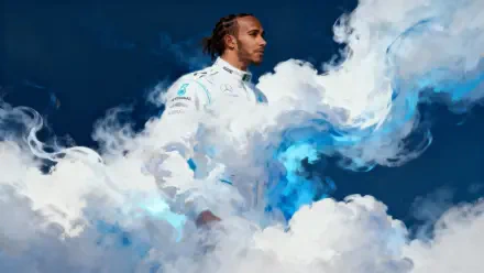 4K Ultra HD PC desktop wallpaper: a Formula 1 driver in a white racing suit emerging from swirling blue and white smoke against a deep blue backdrop.