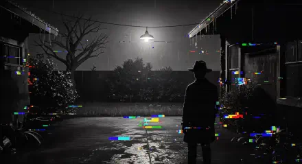 4K Ultra HD PC desktop wallpaper: moody backyard at night, silhouetted figure beneath a single hanging light, wet pavement, bare tree and digital glitch color artifacts.