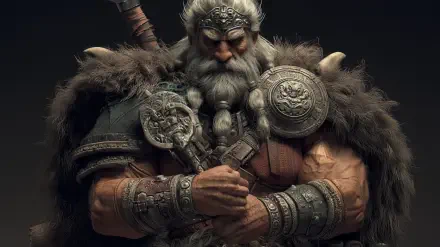 Muscular Viking barbarian in medieval knight armor and fur cloak, braided beard and axe — 2K Quad HD PC desktop wallpaper background.