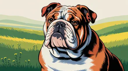 4K Ultra HD PC desktop wallpaper of a stylized English bulldog portrait against rolling green hills and a pale sky.