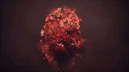 HD PC desktop wallpaper and background: Silent Hill F video game–inspired red floral mass forming a haunting, abstract head against a dark backdrop.