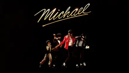 4K Ultra HD PC desktop wallpaper for the movie Michael (2026): gold scripted Michael above a montage of a dancer in a red jacket striking multiple poses on a black background.