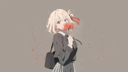 日漫-style short-haired schoolgirl holds a red flower to her mouth, petals drifting across a muted gray backdrop — 4K Ultra HD PC desktop wallpaper background.