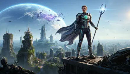 Hero stands on a rooftop above a futuristic overgrown city with spires and a distant planet, holding a glowing staff and wearing a luminous chest emblem — 4K Ultra HD desktop wallpaper background.