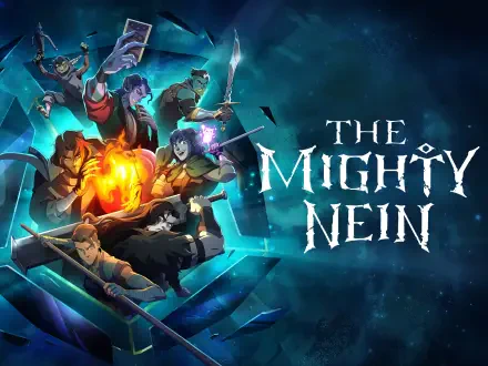 2K Quad HD PC desktop wallpaper of TV show The Mighty Nein: the party posed around a fiery sigil against a teal-blue starry background with the show's logo.