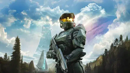 Master Chief from Halo: Combat Evolved (2026) 4K Ultra HD PC desktop wallpaper background: Spartan in armor holding a rifle before a Halo ring and forested landscape.