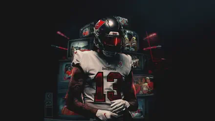 HD desktop wallpaper of a Tampa Bay Buccaneers NFL player in #13 jersey and helmet, standing in dramatic backlight before stacked retro TV screens, football-themed background.