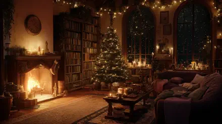 Cozy Christmas living room at night with roaring fireplace, decorated tree, twinkling lights, candles and comfy sofa — 4K Ultra HD PC desktop wallpaper and background.