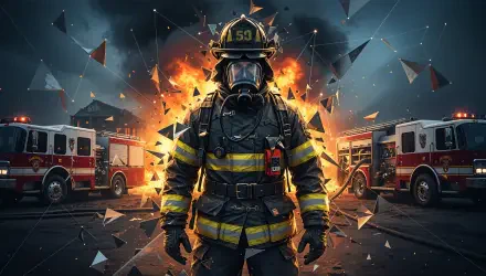 4K Ultra HD PC desktop wallpaper: firefighter in full turnout gear and mask stands before fiery explosion, flanked by fire trucks and angular debris.