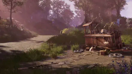 2K Quad HD PC desktop wallpaper from Ashes of Creation (video game): a dwarf cart and makeshift stall beside a sunlit woodland path, misty pink light over a detailed fantasy forest scene.