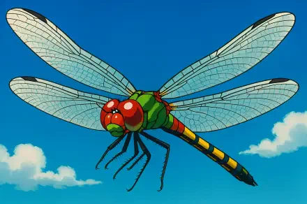 4K Ultra HD PC desktop wallpaper and background: stylized dragonfly with red eyes, green body and yellow-black striped tail, translucent veined wings against a bright blue sky with white clouds.