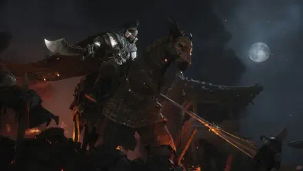 4K Ultra HD PC wallpaper: RPG video game Where Winds Meet screenshot of an armored rider on a warhorse, flaming blade and tattered banners under a moonlit sky.