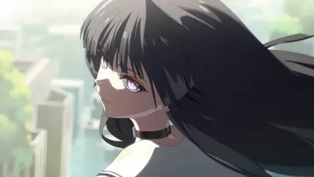 Chisa from the video game Wuthering Waves glances over her shoulder, dark hair and purple eyes, wearing a choker — 4K Ultra HD PC desktop wallpaper.