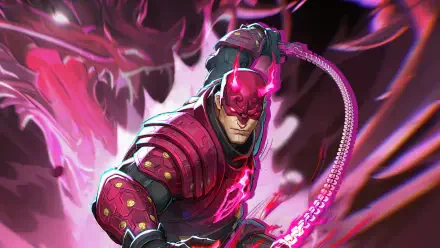 Vibrant purple-hued Marvel Rivals 4K desktop wallpaper of armored Daredevil lunging forward, billy club extended amid glowing motion streaks and shadowy monstrous shapes.