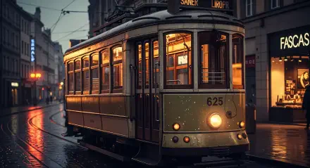 Vintage tram 625 on a wet cobblestone street at dusk, warm interior lights glowing — 4K Ultra HD PC desktop wallpaper/background