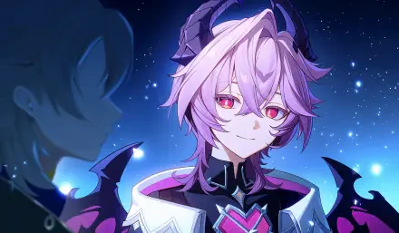 4K Ultra HD PC desktop wallpaper of Durin (Genshin Impact), a video game character with lilac hair, crimson eyes and small horns against a starry blue background.