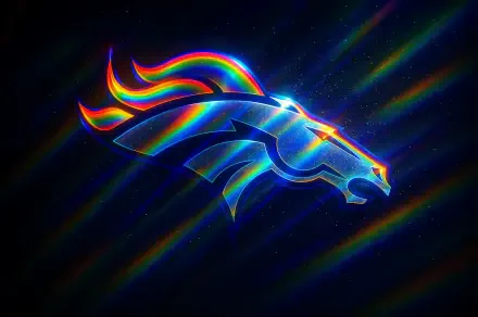 Holographic Denver Broncos logo with rainbow light streaks against a dark, starry backdrop — 4K Ultra HD PC desktop wallpaper/background.