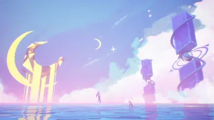 Dreamlike pastel HD PC desktop wallpaper from the video game Dead as Disco: lone figure standing on reflective water beneath crescent moons and surreal pastel towers.