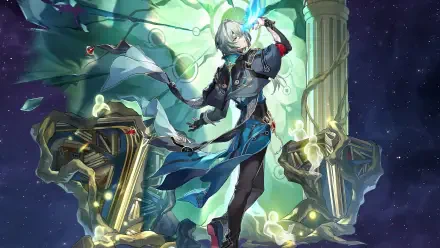 Video game HD PC desktop wallpaper of Anaxa from Honkai: Star Rail — an ethereal figure in flowing robes amid glowing ruins and a vivid starry cosmic backdrop.