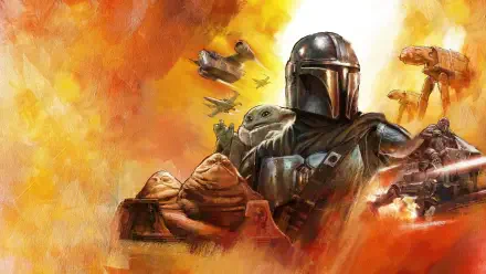 4K Ultra HD PC desktop wallpaper showing The Mandalorian cradling Grogu amid a fiery orange battle sky with hovering ships and walkers.
