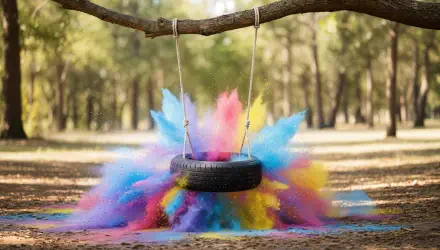 4K Ultra HD PC desktop wallpaper: tire swing hanging from a tree, bursting with vibrant rainbow powder in a sunlit forest.