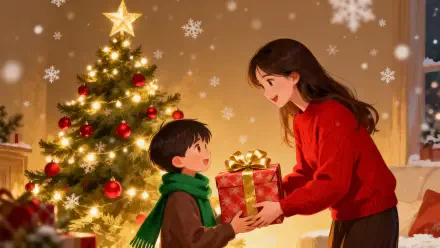4K Ultra HD PC desktop wallpaper background: warm Christmas scene of a woman handing a wrapped gift to a child by a decorated tree, glowing lights and falling snowflakes.