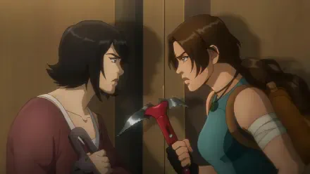 HD PC desktop wallpaper for the TV show Tomb Raider: The Legend of Lara Croft — animated close-up of Lara and another woman in a tense standoff, Lara gripping a climbing axe.