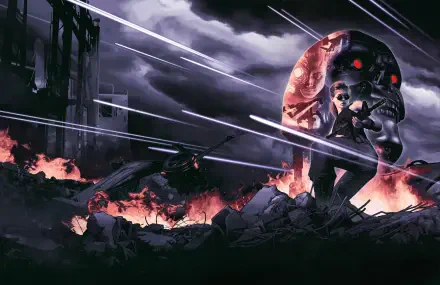 2K Quad HD PC desktop wallpaper: 2D video-game Terminator 2D NO FATE — a T-800 with a glowing red eye advances through fiery, rubble-strewn battlefield as gunfire streaks across a stormy sky.