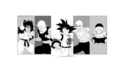 HD PC desktop wallpaper: black-and-white vertical panels featuring Dragon Ball characters Yamcha, Piccolo, Chaozu and Tenshinhan in a bold, minimalist lineup.