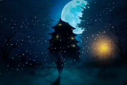 4K Ultra HD PC desktop wallpaper: lone samurai silhouetted under a full moon before a lantern-lit Japanese castle, snow drifting through a misty blue night.