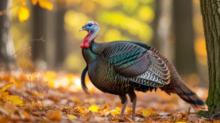 4K Ultra HD PC desktop wallpaper of a turkey (bird) standing on an autumn forest floor, iridescent feathers amid fallen golden leaves with a soft, blurred woodland background.