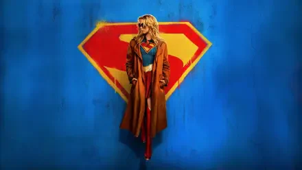 Supergirl (2026) 4K Ultra HD PC wallpaper: Supergirl in a brown trench coat posed against a bold red-and-yellow S emblem on a textured blue background.