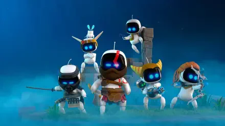 HD PC desktop wallpaper featuring a crossover lineup from the video game Astro Bot Rescue Mission — six cute, helmeted robots posed on a misty blue background.