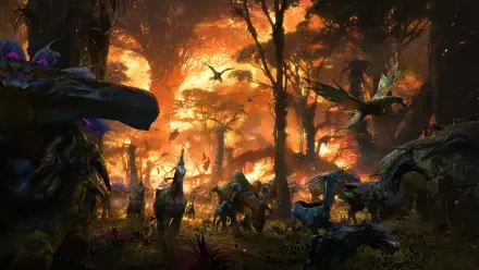 Avatar: Fire and Ash 4K Ultra HD PC desktop wallpaper — ember-lit alien forest with flying creatures and herding bioluminescent beasts beneath an ash-filled sky.